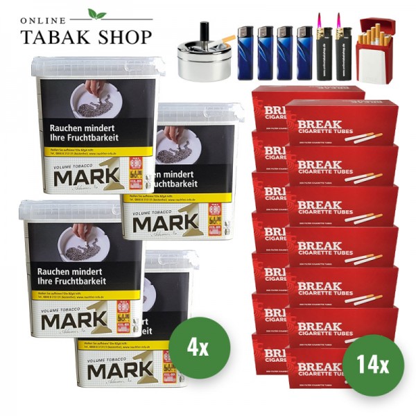 Mark 1 Gold Volumen Tabak (4 x 400g) + 2.800 Break Hülsen + 2 Sturmfeuerzeuge + 4 Feuerzeuge + 1 Gizeh Etui + 1 Drehascher 9cm