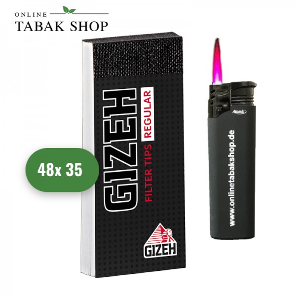 Gizeh Black Filter Tips Regular (2 Boxen) (48x 35er) + 1 Sturmfeuerzeug