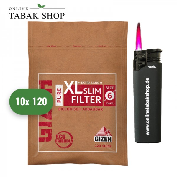 GIZEH Pure XL Slim Filter 6mm (10x 120er) + 1 Sturmfeuerzeug