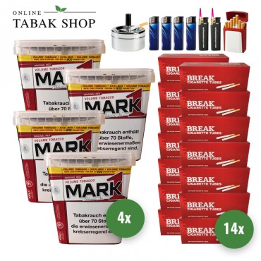 Mark 1 Volumen Tabak (4 x 400g) + 2.800 Break Hülsen + 2 Sturmfeuerzeuge + 4 Feuerzeuge + 1 Gizeh Etui + 1 Drehascher 9cm