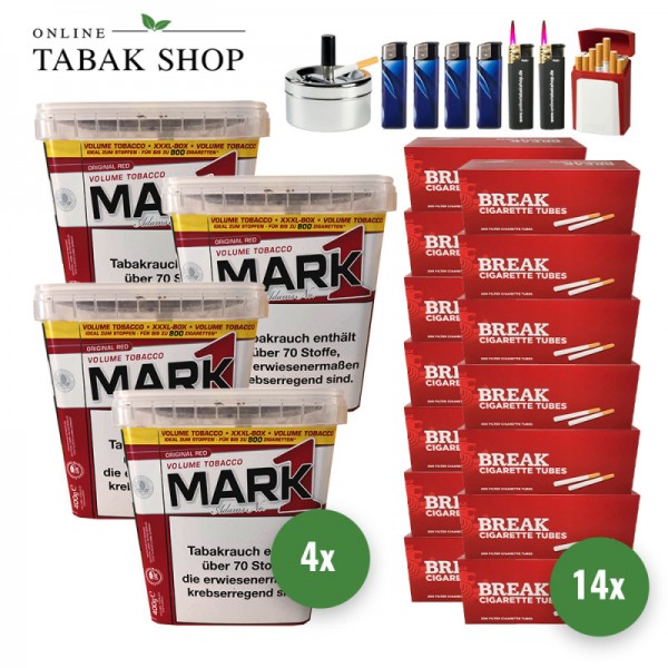 Mark 1 Volumen Tabak (4 x 400g) + 2.800 Break Hülsen + 2 Sturmfeuerzeuge + 4 Feuerzeuge + 1 Gizeh Etui + 1 Drehascher 9cm