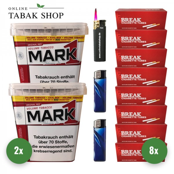 Mark 1 Volumen Tabak (2 x 400g) + 1.600 Break Hülsen + 1 Sturmfeuerzeug + 2 Feuerzeuge