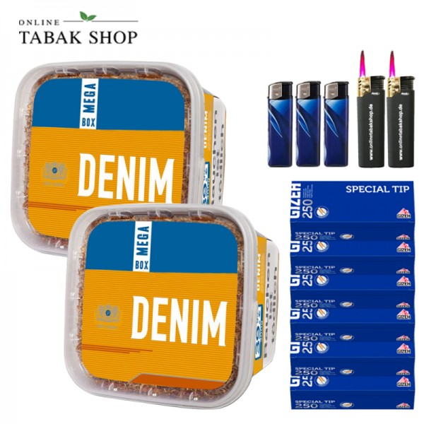 Denim Volumentabak (2 x 220g) + 1.500 GIZEH Special Tip Hülsen + 3 Feuerzeuge + 2 Sturmfeuerzeuge