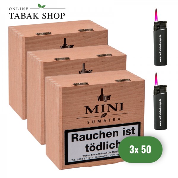 VILLIGER Mini Zigarillos "Sumatra" (3 x 50er) + 2 OTS Sturmfeuerzeuge