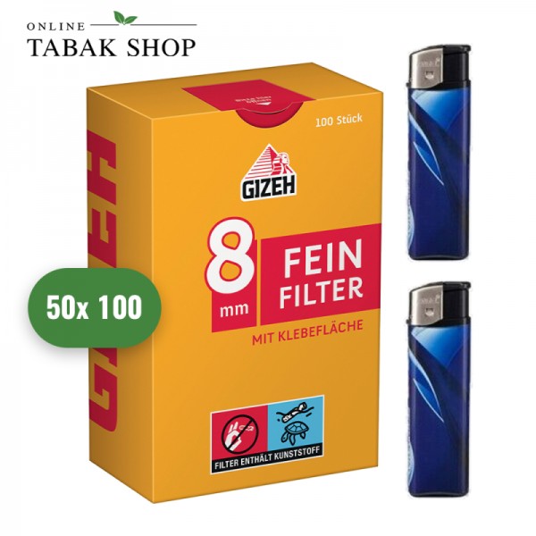 GIZEH Feinfilter 8mm mit Klebefläche (50x 100er) + 2 Feuerzeuge
