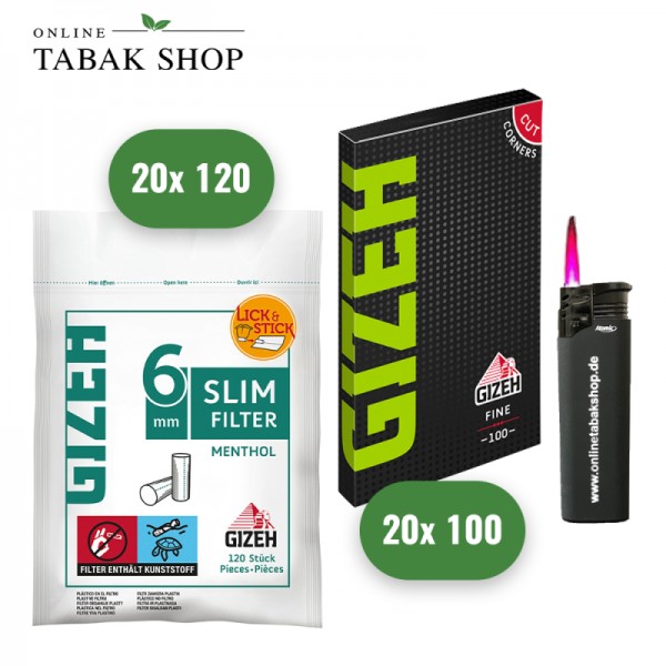 Gizeh Slim Filter Menthol (20 x 120er) + Gizeh Fine Green Blättchen (20 x 100er) + 1 Sturmfeuerzeug