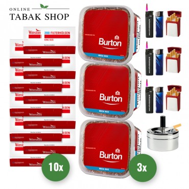 Burton Red Volumentabak (3 x 270g) + 2.000 Winston Hülsen + 1 Drehascher + 3 GIZEH Etui + 3 Feuerzeuge + 3 Sturmfeuerzeuge