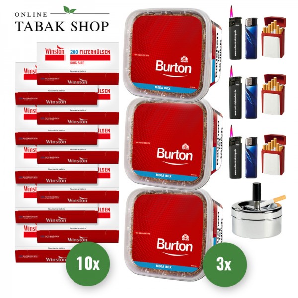 Burton Red Volumentabak (3 x 270g) + 2.000 Winston Hülsen + 1 Drehascher + 3 GIZEH Etui + 3 Feuerzeuge + 3 Sturmfeuerzeuge
