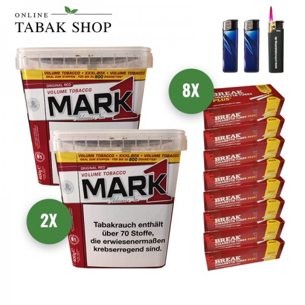 Mark 1 Volumen Tabak (2 x 400g) + 1.600 Break PLUS Hülsen + 1 Sturmfeuerzeug + 2 Feuerzeuge