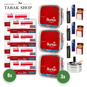 Burton Red Volumentabak (3 x 270g) + 2.000 Winston Extra Hülsen + 1 Drehascher + 3 Gizeh Etui + 3 Feuerzeuge + 3 Sturmfeuerzeuge