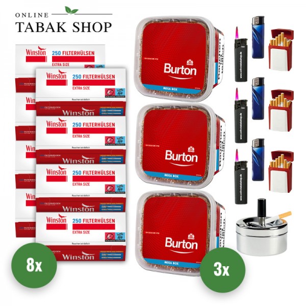 Burton Red Volumentabak (3 x 270g) + 2.000 Winston Extra Hülsen + 1 Drehascher + 3 Gizeh Etui + 3 Feuerzeuge + 3 Sturmfeuerzeuge
