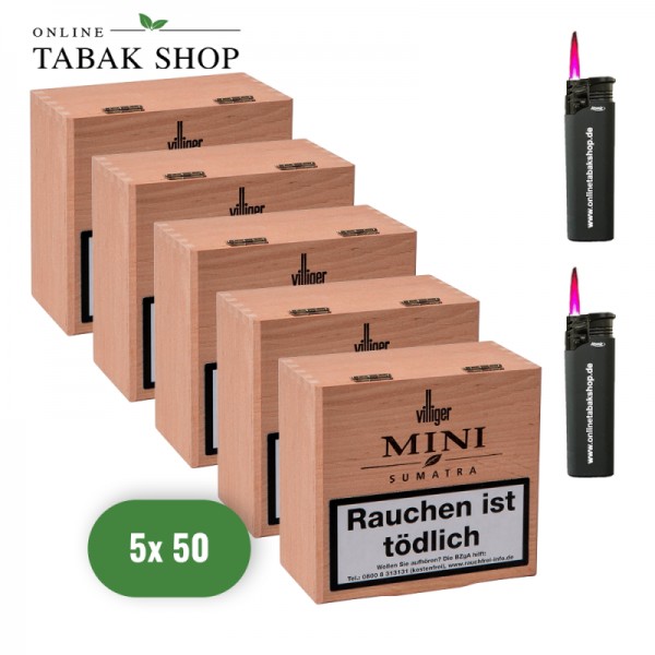 VILLIGER Mini Zigarillos "Sumatra" (5 x 50er) + 2 OTS Sturmfeuerzeuge