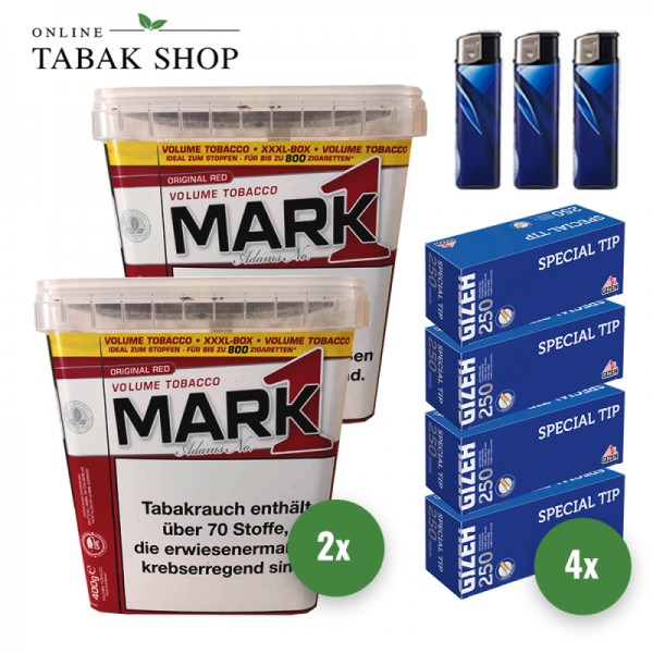 Mark 1 Adams Volumentabak (2 x 400g) + 1.000 Gizeh Special Tip Hülsen + 3 Feuerzeuge