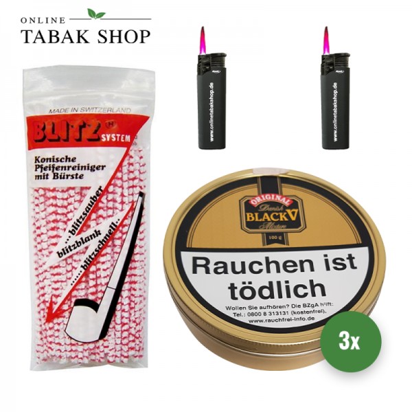 Danish Black V Pfeifentabak (3x 100g) + 80 BLITZ Pfeifenreiniger + 2 Sturmfeuerzeuge