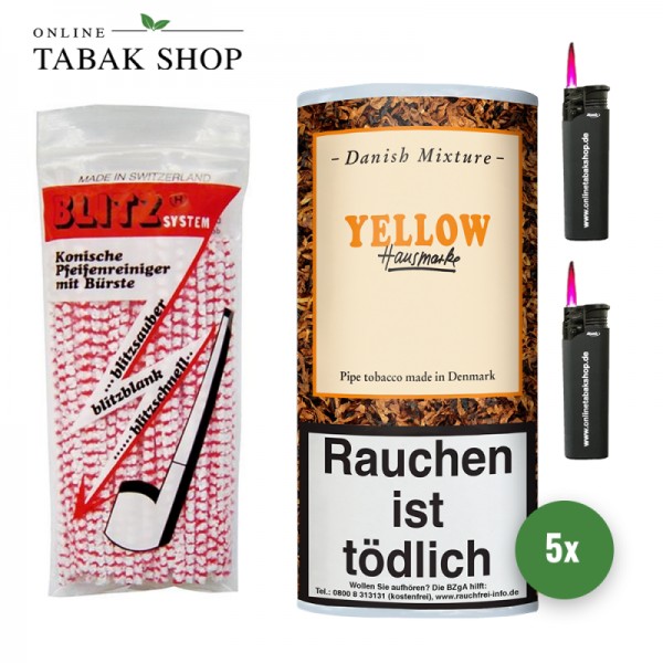 Danish Mixture Yellow Pfeifentabak (5 x 50g) + 80 BLITZ Pfeifenreiniger + 2 Sturmfeuerzeuge