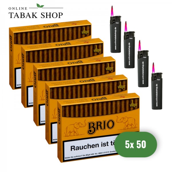 Villiger Brio Naturdeckblatt Zigarillos (5 x 50er) + 4 Sturmfeuerzeuge