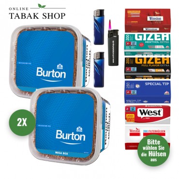 Burton Tabak Blue (2 x 270g) + 1.000 Hülsen (wählbar) + 2 Feuerzeuge + 1 Sturmfeuerzeug