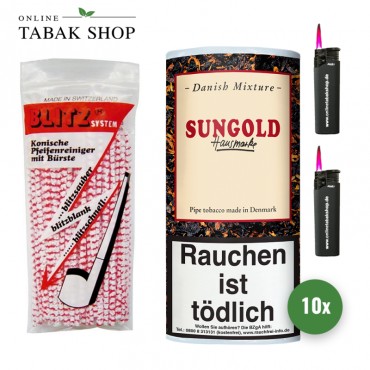 Danish Mixture Sungold Pfeifentabak (10 x 50g) + 80 Blitz Pfeifenreiniger + 2 Sturmfeuerzeuge