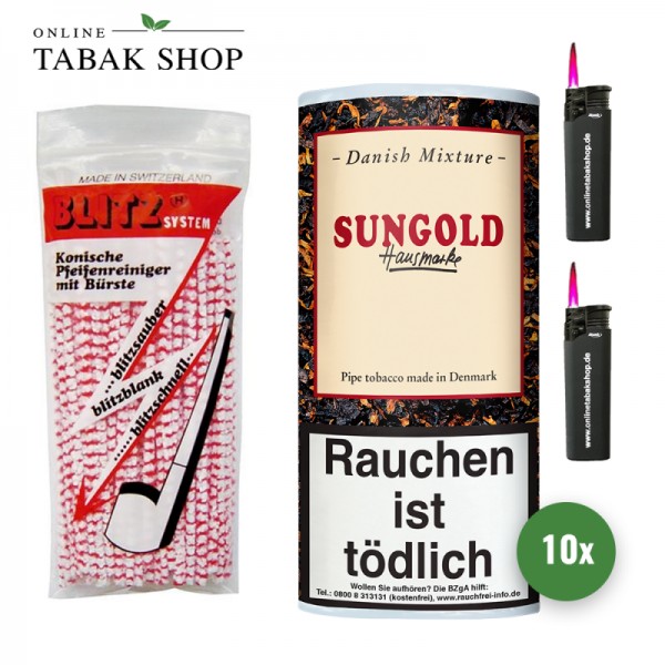 Danish Mixture Sungold Pfeifentabak (10 x 50g) + 80 Blitz Pfeifenreiniger + 2 Sturmfeuerzeuge