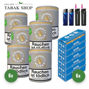 Barsdorf's Bester Bright Virginia (6 x 160g) + 1.200 OCB Hülsen + 2 Sturmfeuerzeuge + 2 Feuerzeuge