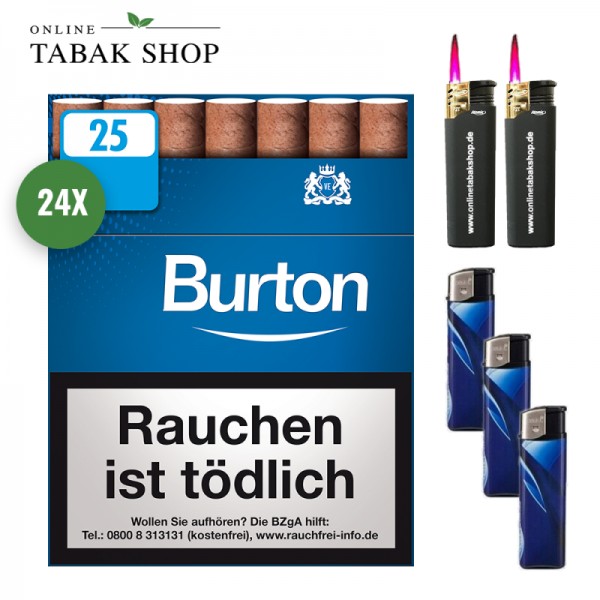 Burton Blue Filterzigarillos (24 x 25er) + 3 Feuerzeuge + 2 Sturmfeuerzeuge