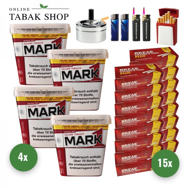 Mark 1 Volumen Tabak (4 x 400g) + 3.000 Break Plus Hülsen + 2 Sturmfeuerzeuge + 2 Feuerzeuge + 1 Gizeh Etui + 1 Drehascher 9cm