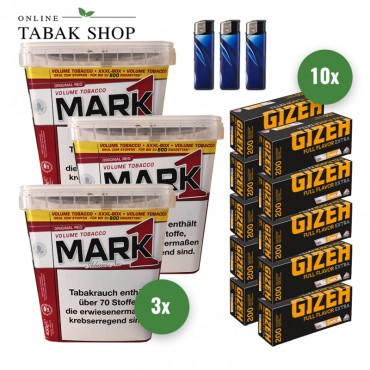Mark 1 Adams Volumentabak (3 x 400g) + 2.000 Gizeh Full Flavor Extra Hülsen + 3 Feuerzeuge