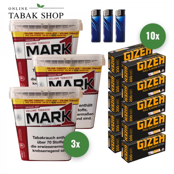 Mark 1 Adams Volumentabak (3 x 400g) + 2.000 Gizeh Full Flavor Extra Hülsen + 3 Feuerzeuge