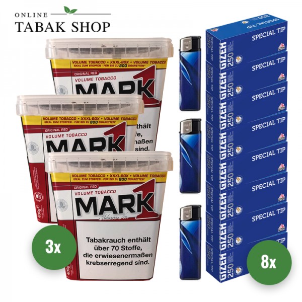 Mark 1 Adams Volumentabak (3 x 400g) + 2.000 GIZEH Special Tip Hülsen + 3 Feuerzeuge
